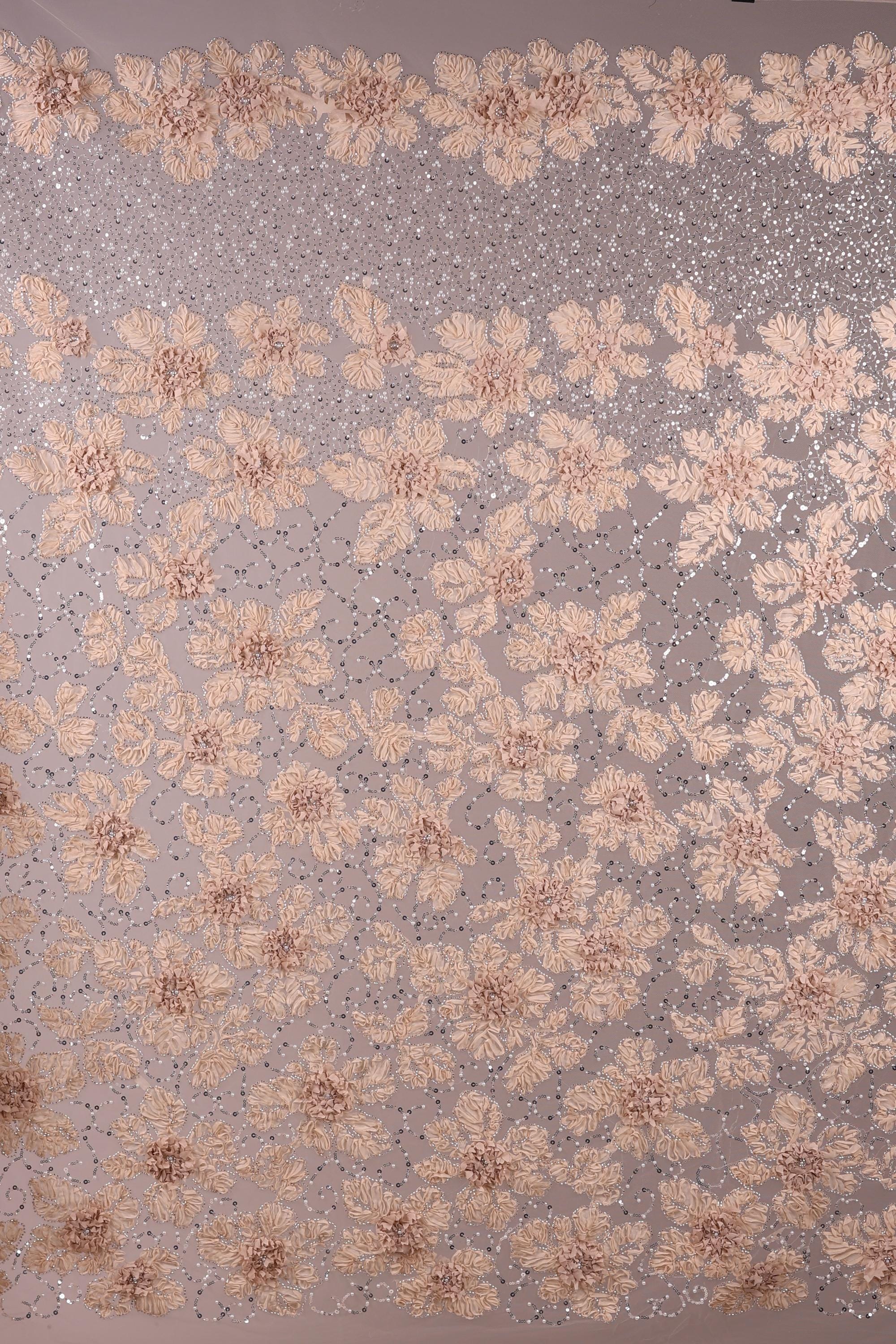 a close-up view of a fabric with a floral pattern. The fabric is adorned with numerous small, delicate flowers in shades of pink and white, creating a visually appealing and intricate design. The flowers are arranged in a repeating pattern across the fabric, adding a sense of depth and texture to the overall composition.