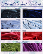 a collection of eight different colored stretch velvet fabrics, each with a unique texture and color. The fabrics include black, navy, perry, blue, burgundy, red, olive, and purple.