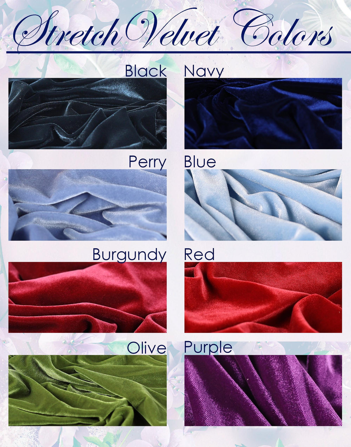 a collection of eight different colored stretch velvet fabrics, each with a unique texture and color. The fabrics include black, navy, perry, blue, burgundy, red, olive, and purple.