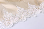 A close-up view of a delicate, white lace trim on a fabric surface.