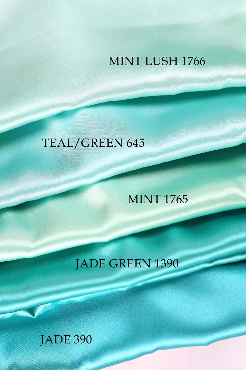 a collection of turquoise fabric swatches, each with a different shade and label indicating the color and name of the fabric.