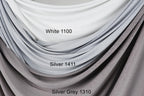 a collection of fabric swatches in various shades of gray and white, with the text indicating the color and material of each fabric.