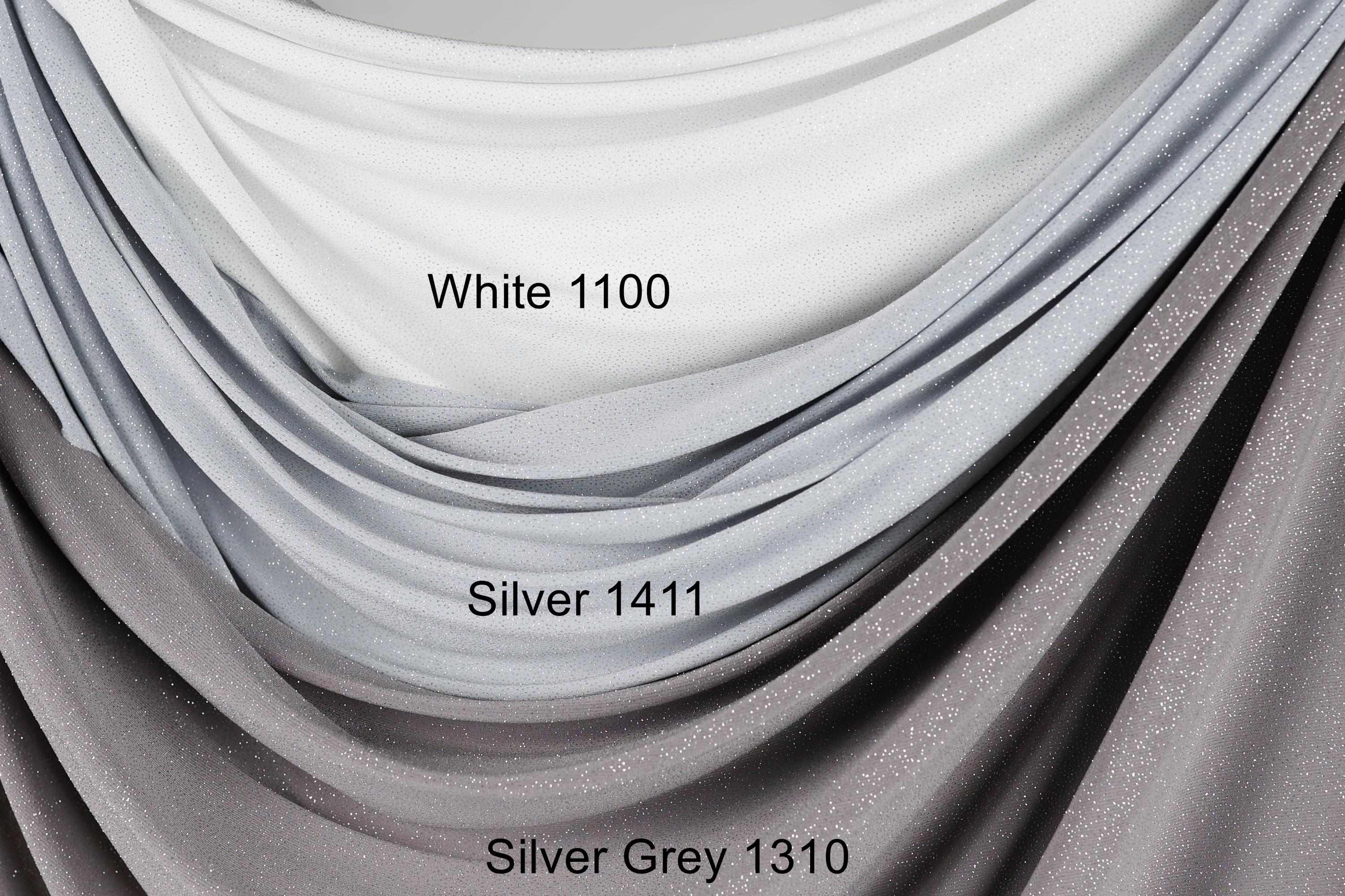 a collection of fabric swatches in various shades of gray and white, with the text indicating the color and material of each fabric.