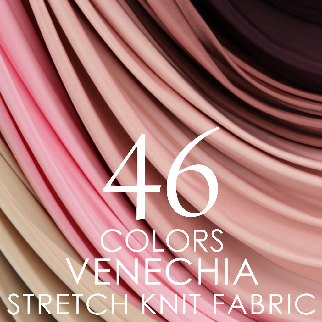 The image is a close-up of a fabric with a gradient of pink and brown colors, and it is described as a "46 COLORS VENECHA STRETCH KIT FABRIC".