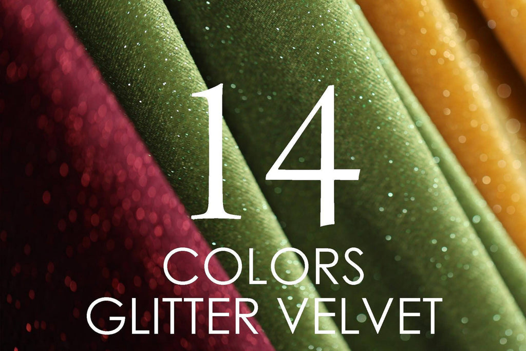 a close-up of a fabric with a glittery texture, featuring the text "14 COLORS GLITTER VELVET" overlaid on the image.