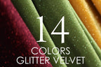 a close-up of a fabric with a glittery texture, featuring the text "14 COLORS GLITTER VELVET" overlaid on the image.