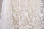 a close-up view of a delicate, white lace fabric with a floral pattern. The fabric appears to be a sheer material, with a light beige background that complements the white color of the lace. The lace is intricately designed with numerous small white flowers and leaves, creating a visually appealing and delicate appearance.