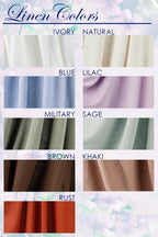 a collection of fabric swatches in various colors, including Ivory, Natural, Blue, Lilac, Military, Sage, Brown, Khaki, and Rust.
