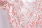 A hand is holding a delicate piece of fabric adorned with a floral pattern of pink roses and leaves.