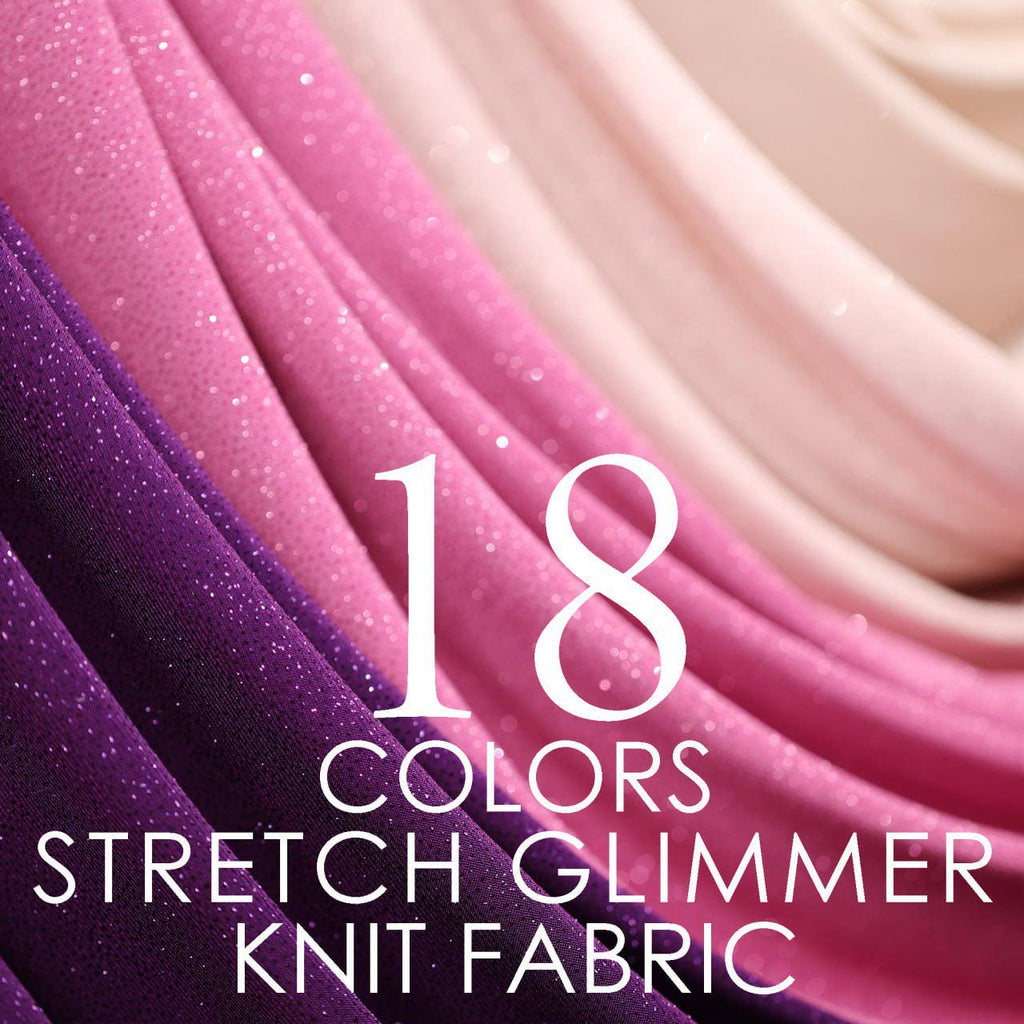 a number of different colored fabrics with the text 18 colors stretch glimmer knit
