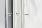 three fabric swatches, each with a different color: silver (606), ivory (112), and white (White).