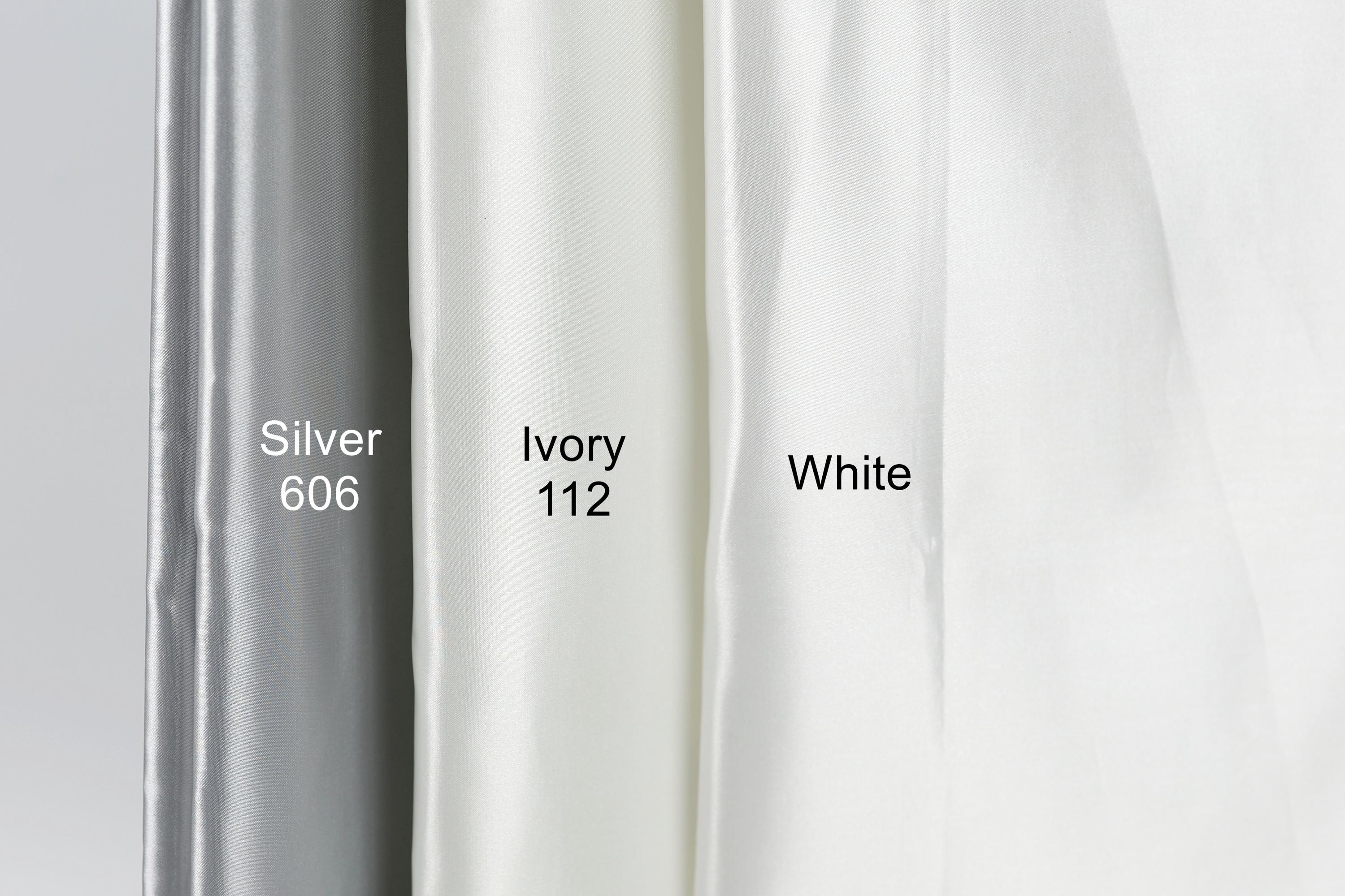 three fabric swatches, each with a different color: silver (606), ivory (112), and white (White).