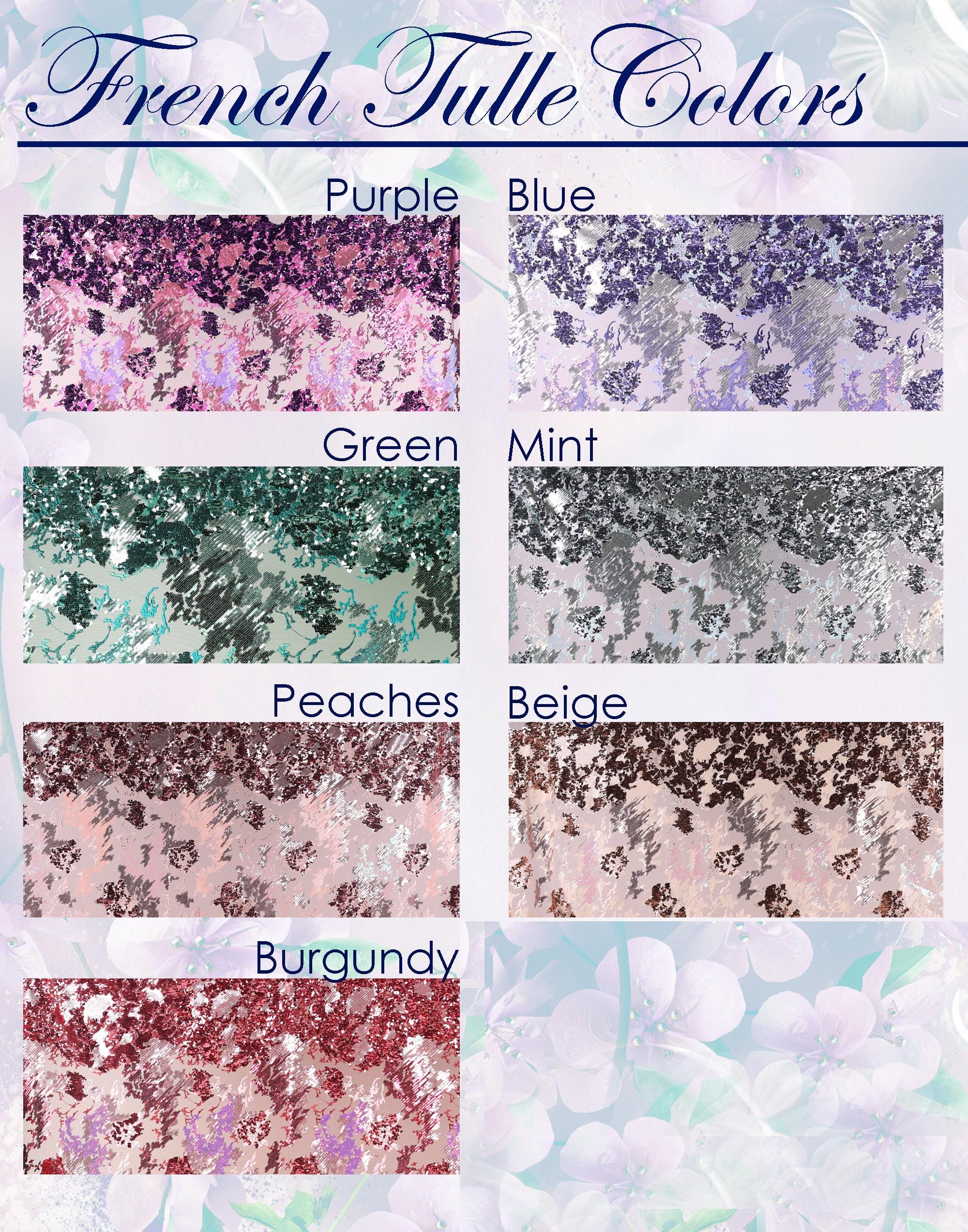 The image is a collage of eight different color samples, each representing a different color of French tulle. The colors include Purple, Blue, Green, Mint, Peaches, Beige, Burgundy, and Mint.