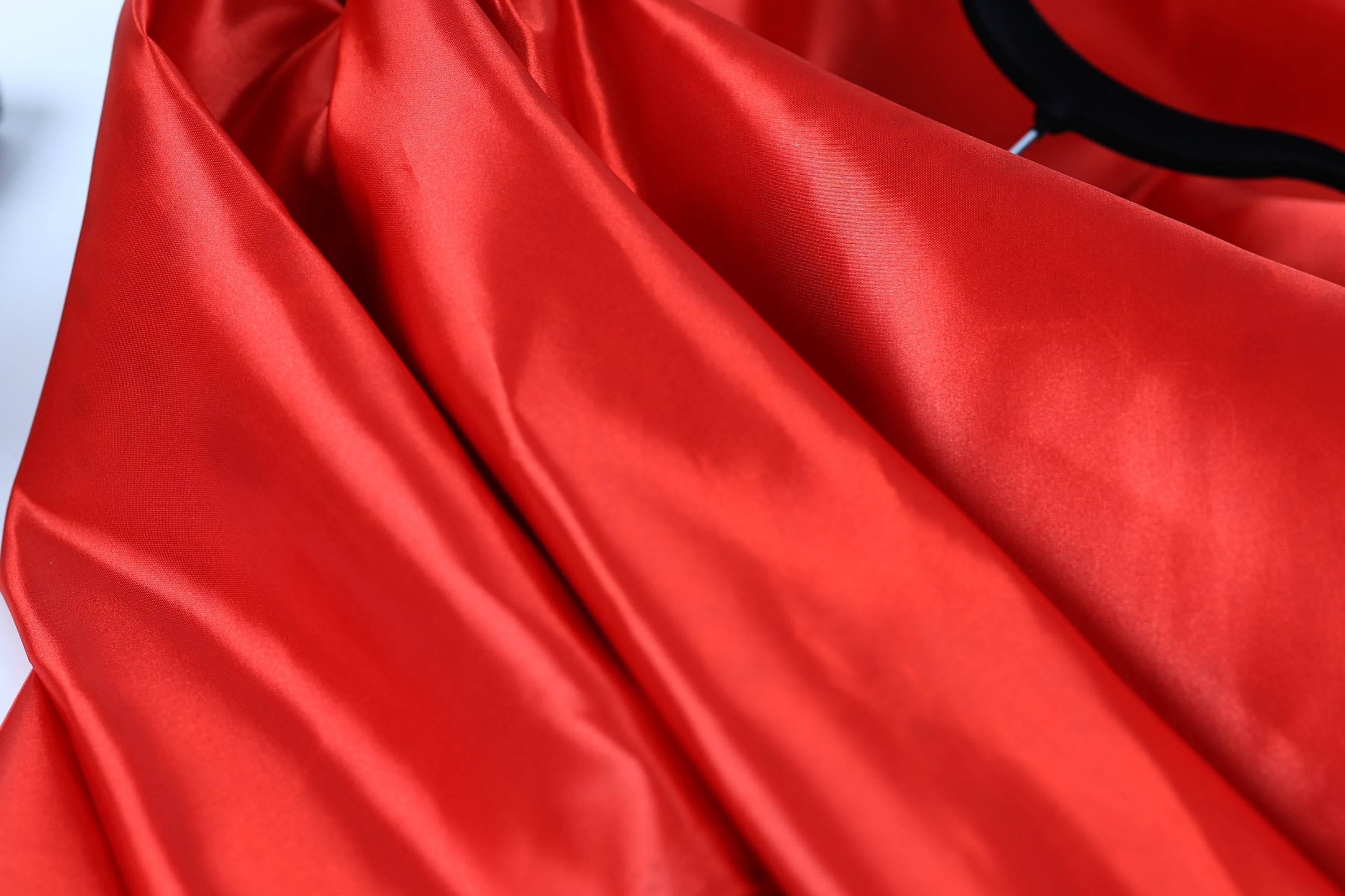 A close-up view of a red satin fabric, with a black collar visible.