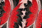 a close-up view of a fabric with a striking pattern of red and black butterflies. The butterflies are intricately designed with sequins and beads, creating a visually captivating and detailed design.