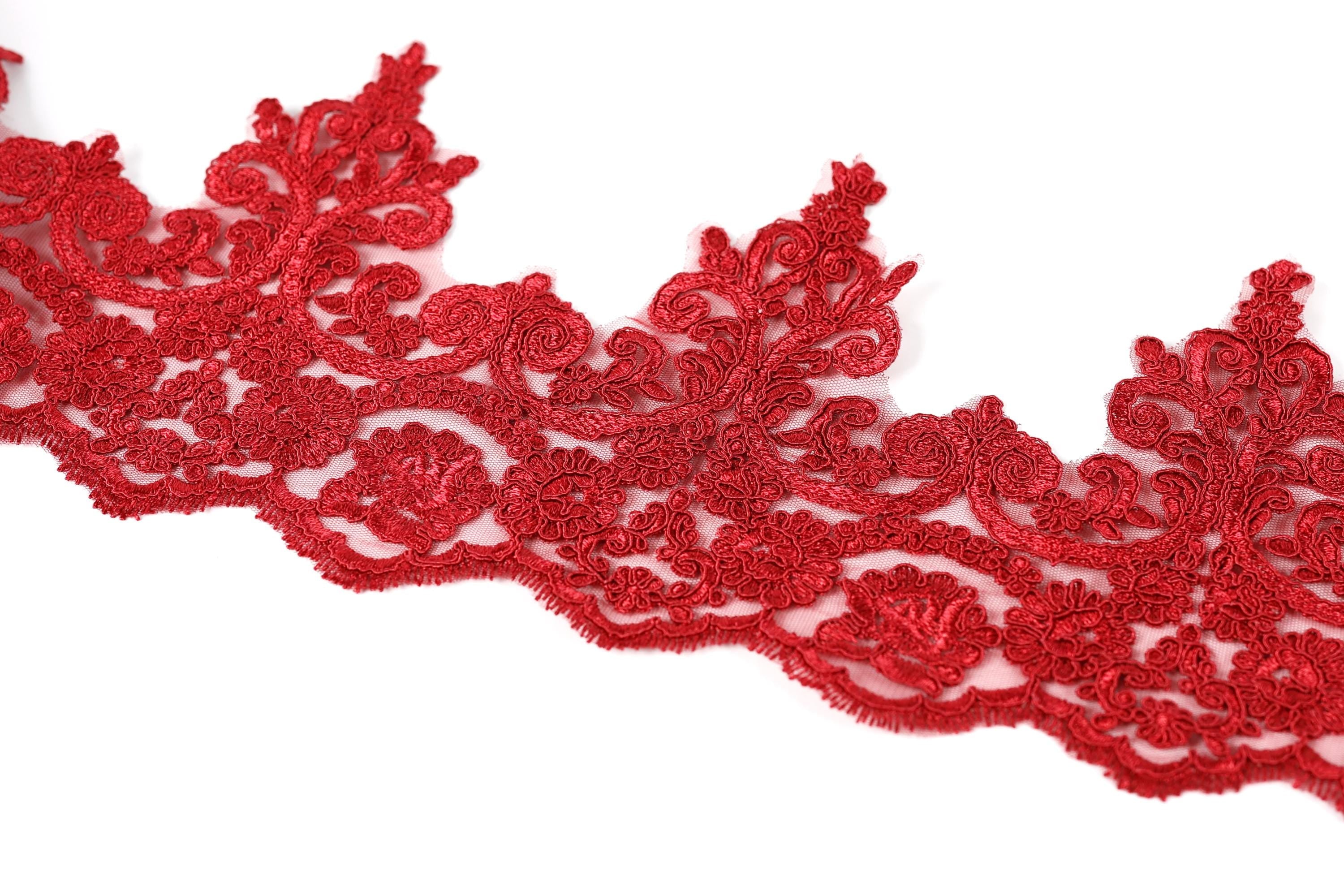 a close-up view of a red, intricately designed lace trim or border.