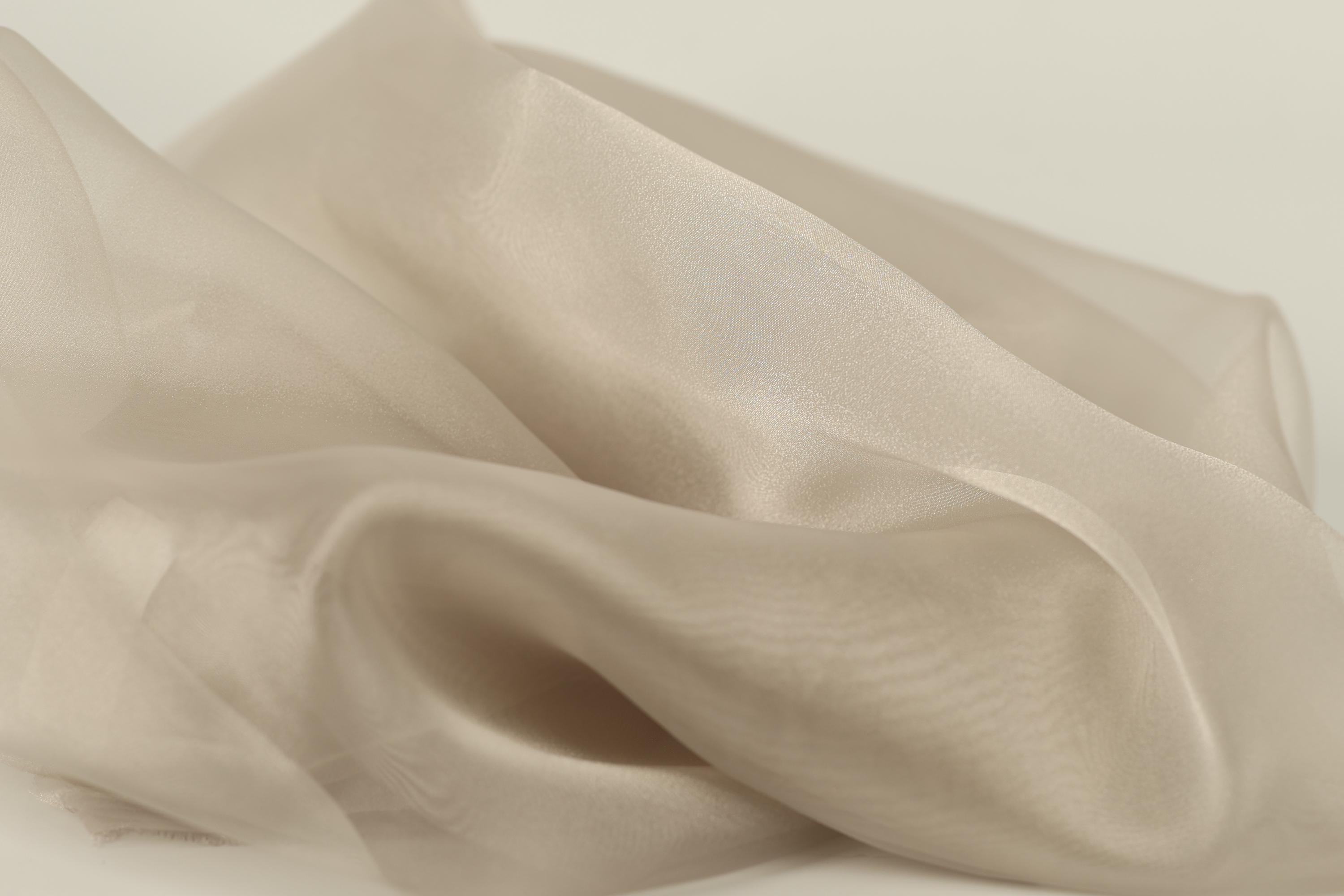 a close-up view of a soft, light-colored fabric, possibly silk or chiffon, with a slightly wrinkled texture.
