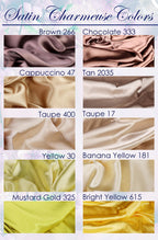 a collection of nine different satin fabrics in various colors, including brown, chocolate, tan, cappuccino, taupe, yellow, banana yellow, mustard gold, and bright yellow.