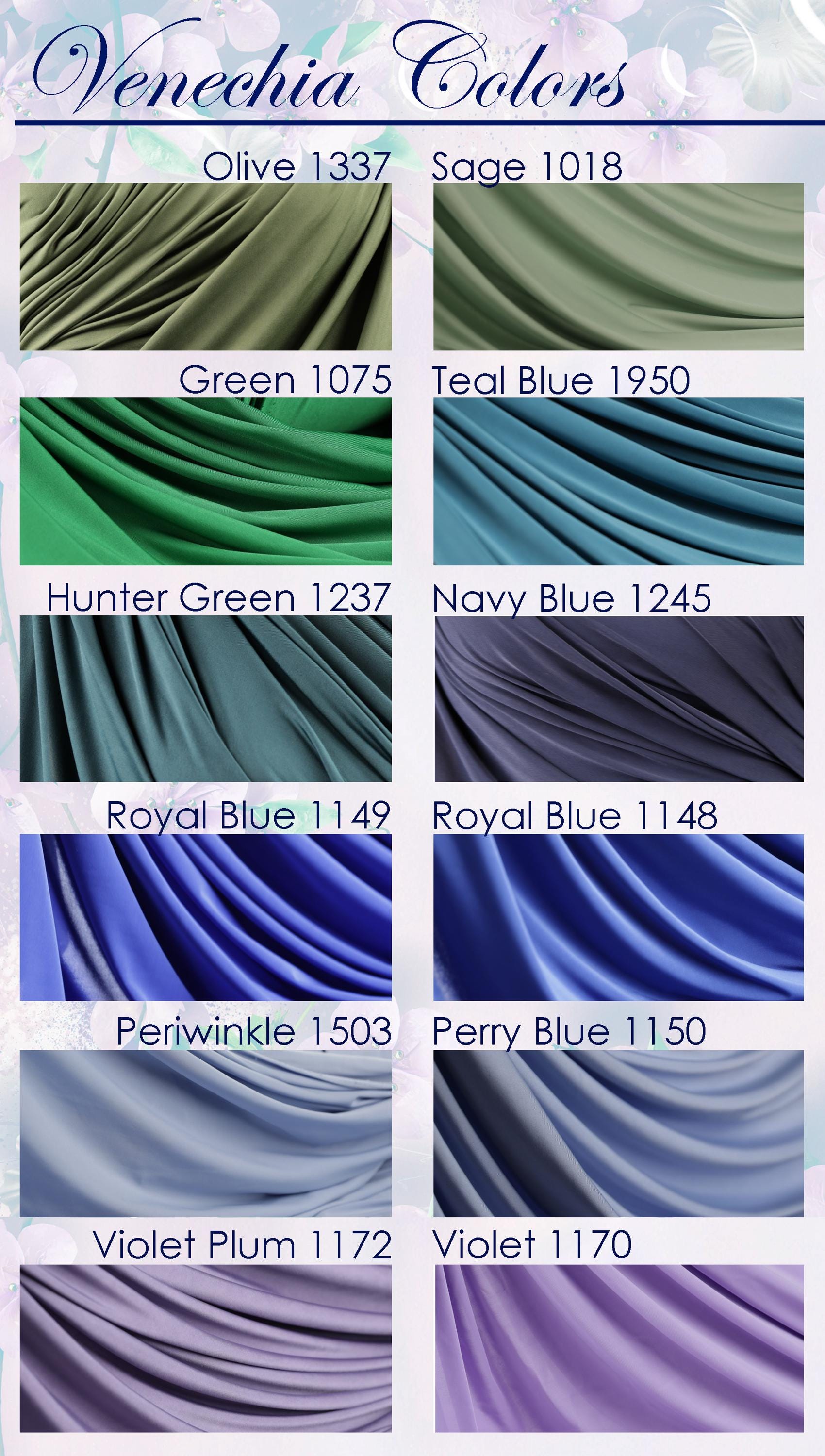 a collection of fabric swatches in various shades of purple, including lavender, plum, and plum. The swatches are arranged in a grid format, with each row representing a different color and each column representing a different type of fabric. The swatches are labeled with their respective names, such as Olive 1337, Sage 1018, and Periwinkle 1503.
