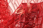 A close-up view of a red sequin fabric, with the intricate patterns and textures of the material clearly visible.