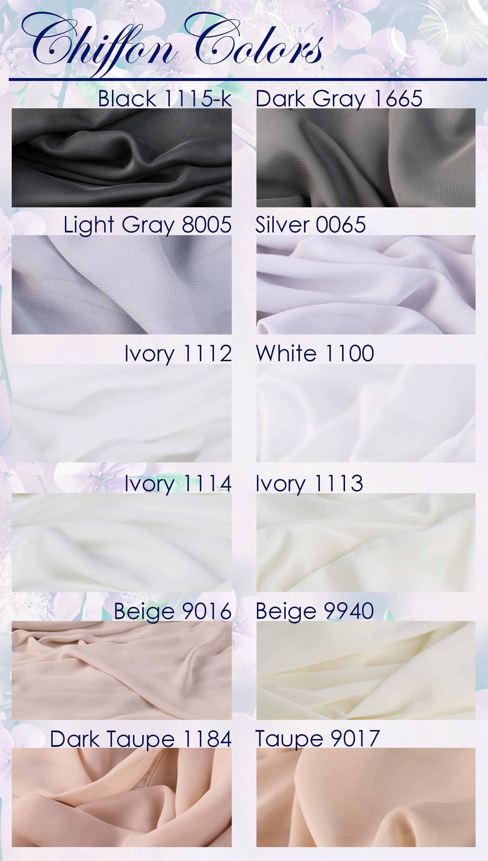 a collection of fabric swatches in various colors, including black, dark gray, light gray, silver, ivory, beige, and peach.