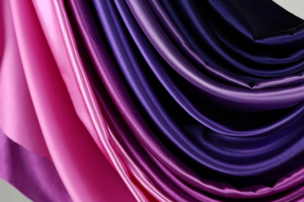 a close-up view of a fabric with a gradient of colors, transitioning from pink to purple. The fabric appears to be made of satin or a similar material, with a smooth and shiny texture. The colors are vibrant and distinct, creating a visually striking and eye-catching display.