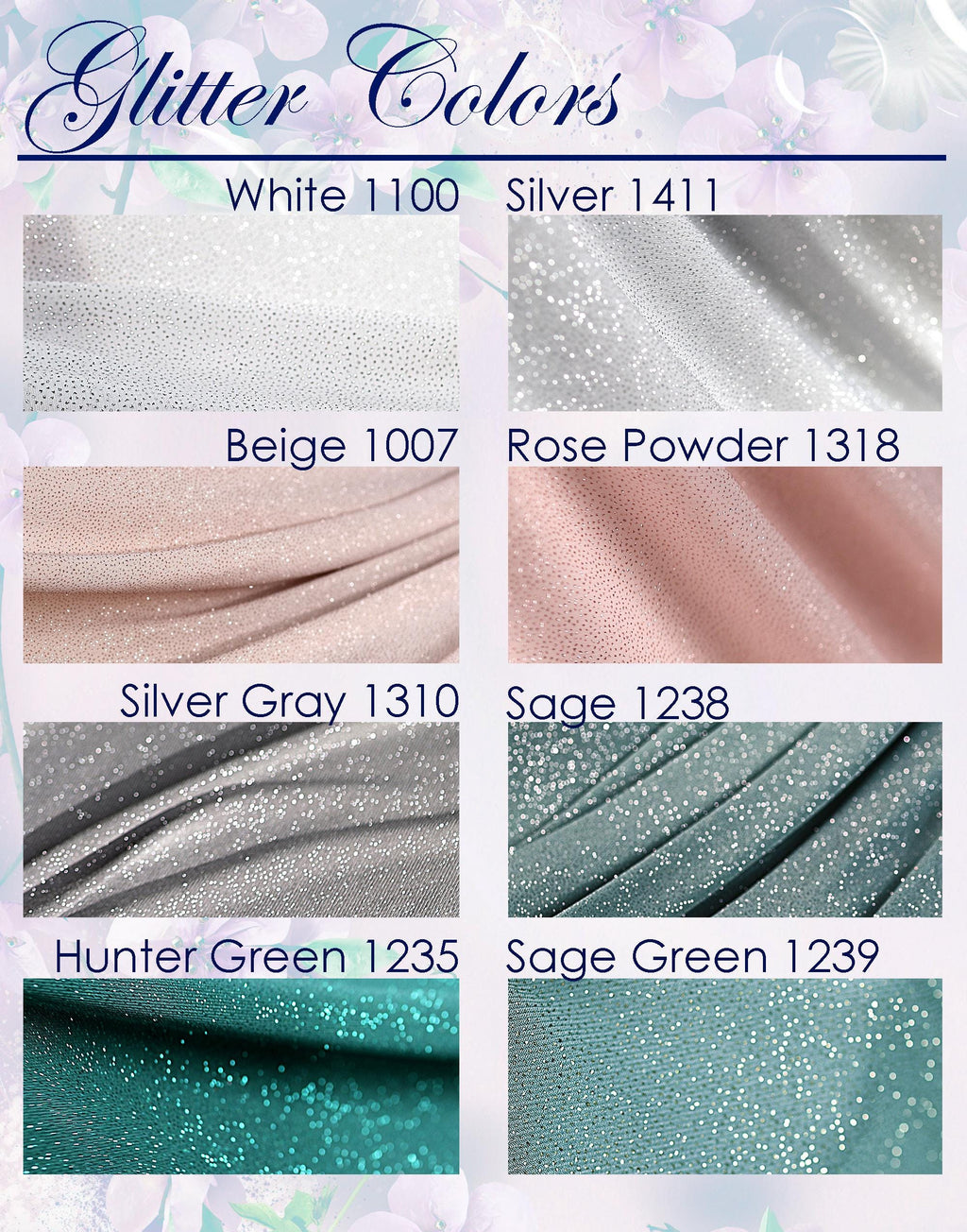 a collection of fabric swatches with various glitter colors, including white, silver, beige, rose powder, silver gray, and green.