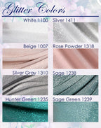 a collection of fabric swatches with various glitter colors, including white, silver, beige, rose powder, silver gray, and green.