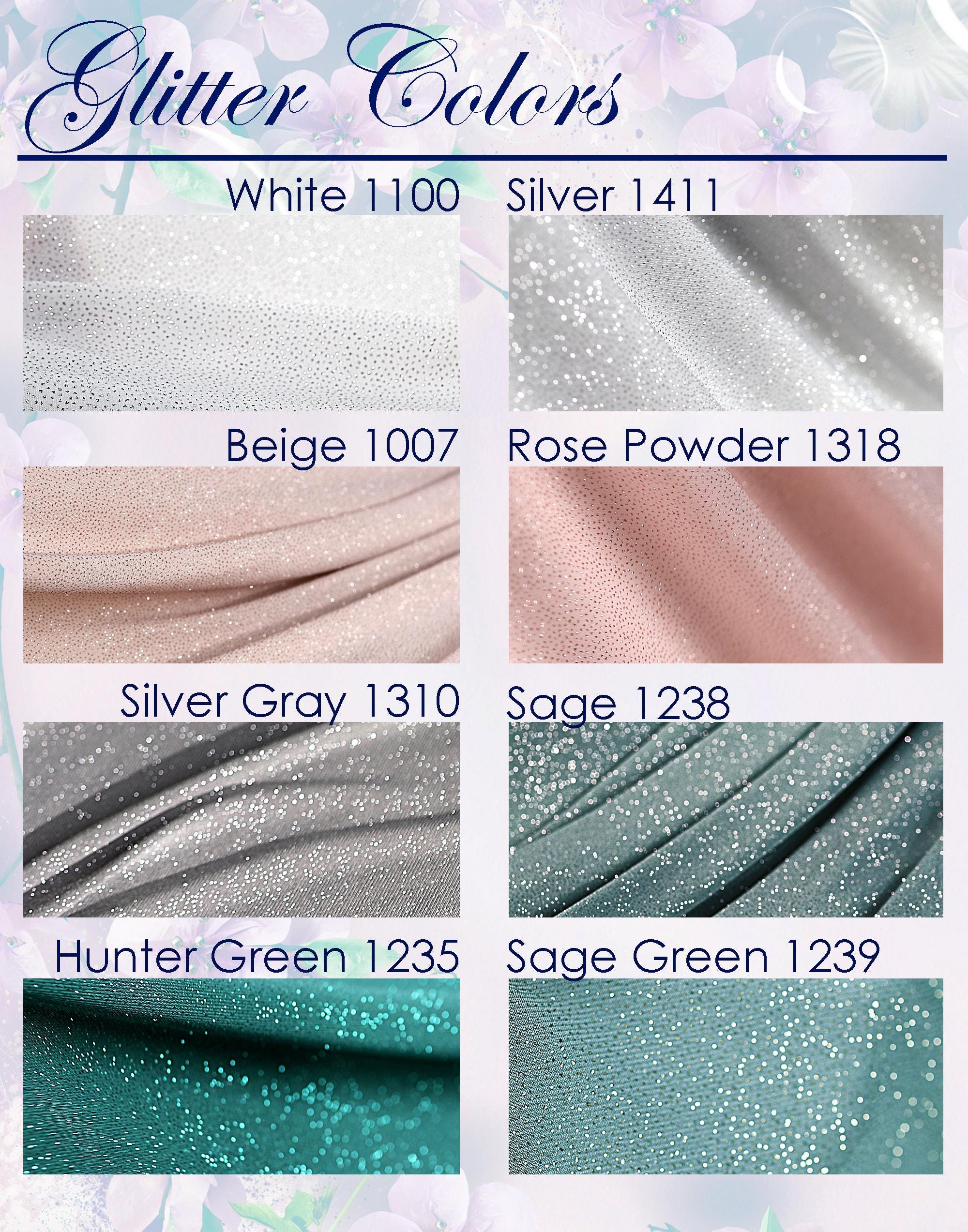 a collection of fabric swatches with various glitter colors, including white, silver, beige, rose powder, silver gray, and green.