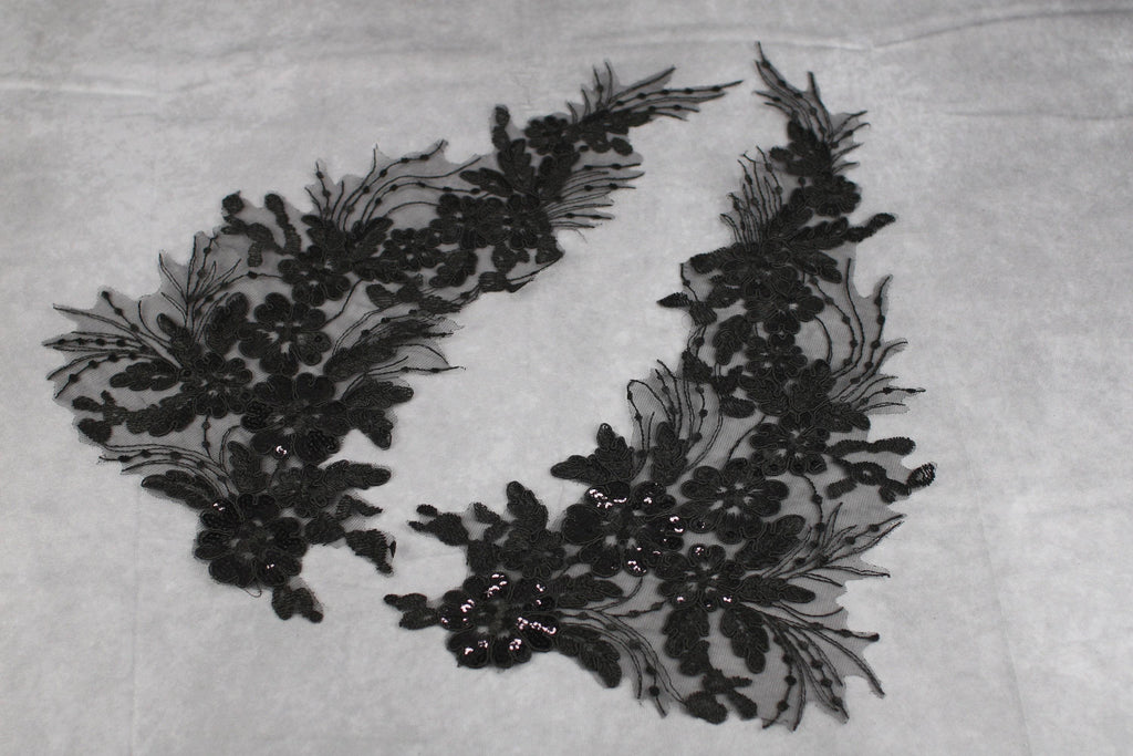 Black Matching Mesh Lace Appliques, Long Floral Embroidery Pairs for Dresses