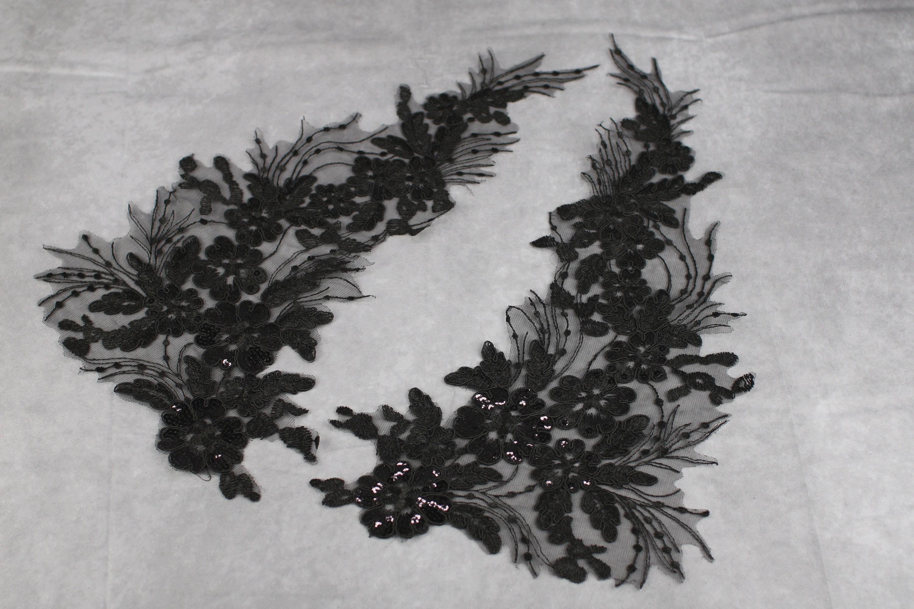 Black Matching Mesh Lace Appliques, Long Floral Embroidery Pairs for Dresses