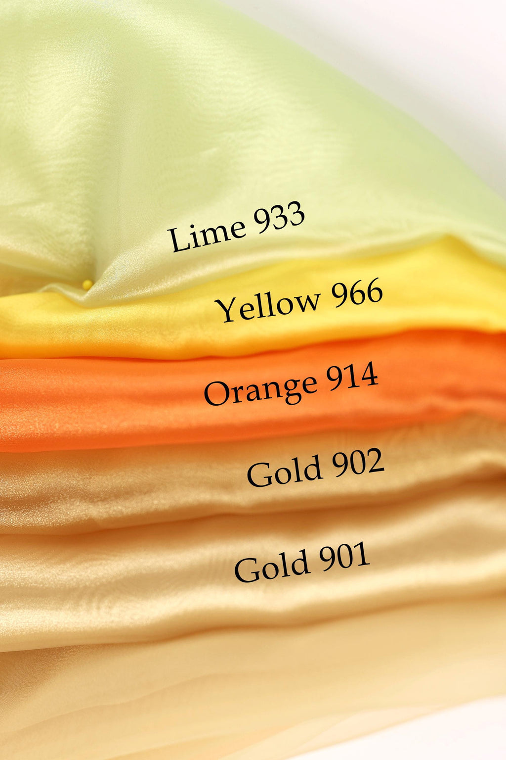 The image is a collage of five fabric swatches, each representing a different color: Lime 933, Yellow 966, Orange 914, Gold 902, and Gold 901.
