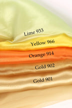The image is a collage of five fabric swatches, each representing a different color: Lime 933, Yellow 966, Orange 914, Gold 902, and Gold 901.
