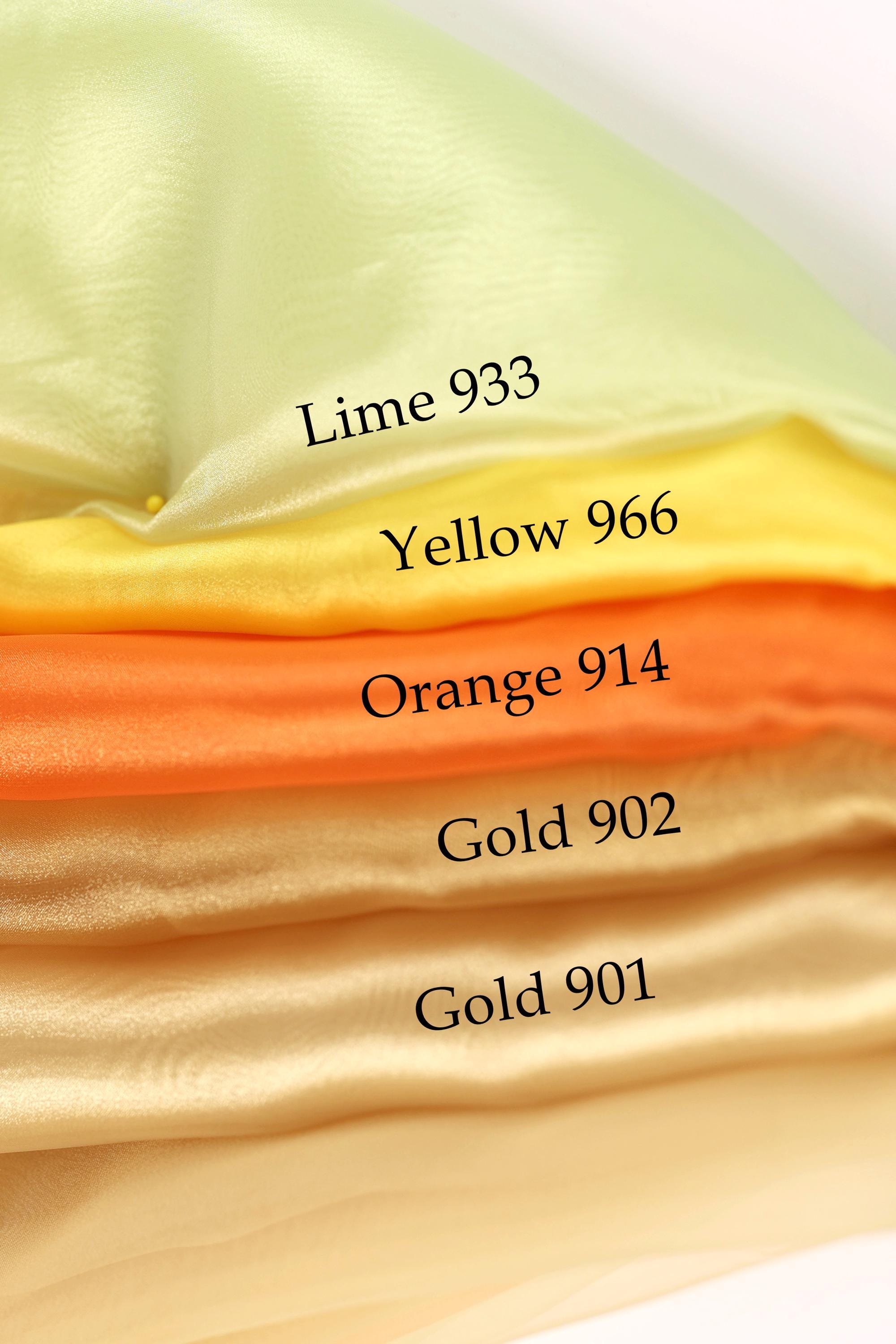 The image is a collage of five fabric swatches, each representing a different color: Lime 933, Yellow 966, Orange 914, Gold 902, and Gold 901.
