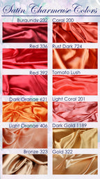 a collection of twelve different satin fabrics, each with a unique color, arranged in a grid format. The fabrics include burgundy, coral, red, rust dark, tomato lush, dark orange, light coral, dark gold, bronze, and gold.