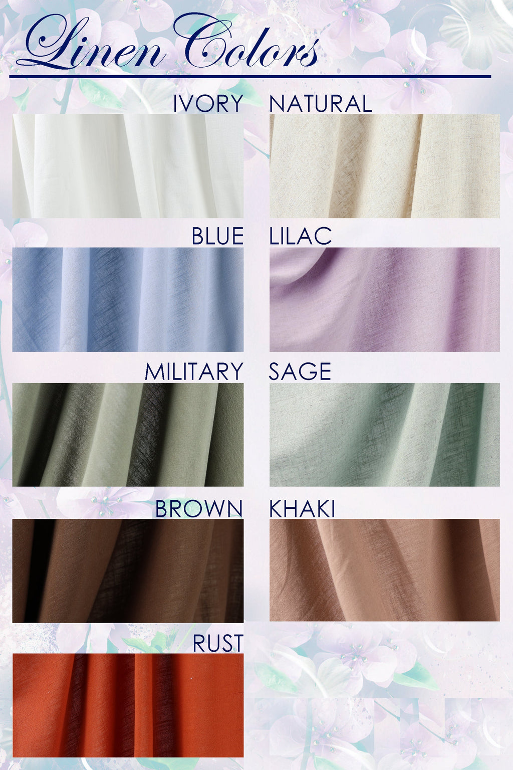 a collection of fabric swatches in various colors, including Ivory, Natural, Blue, Lilac, Military, Sage, Brown, Khaki, and Rust.
