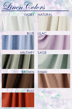 a collection of fabric swatches in various colors, including Ivory, Natural, Blue, Lilac, Military, Sage, Brown, Khaki, and Rust.
