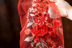 A hand is holding a red fabric with a floral design, including red flowers and leaves, as well as red sequins.