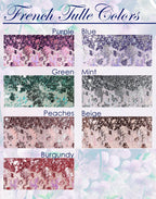 The image is a collage of eight different color samples, each representing a different color of French tulle. The colors include Purple, Blue, Green, Mint, Peaches, Beige, Burgundy, and Mint.
