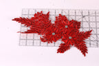 a close-up view of red glittery flower-like decorations on a ruler, with the ruler placed on a white surface.