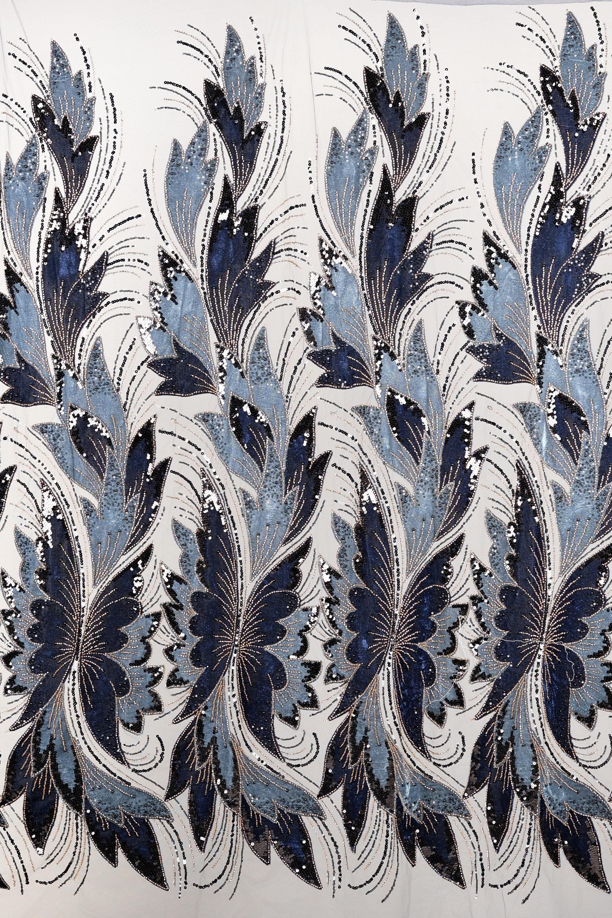 a repeating pattern of blue and white floral designs on a white background.