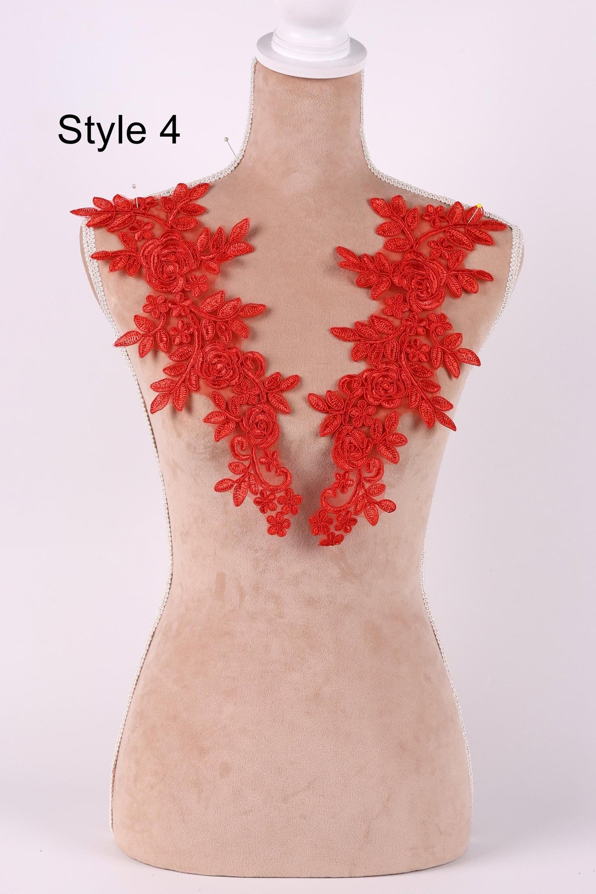 A mannequin with red floral lace pieces attached to its bust area, labeled as "Style 4".