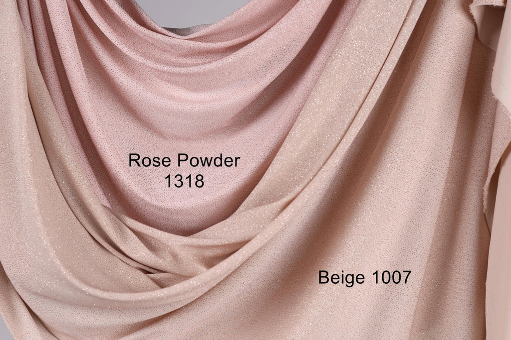 two fabric swatches, one with a rose powder color and the other with a beige color. The text labels the swatches as "Rose Powder 1318" and "Beige 1007".
