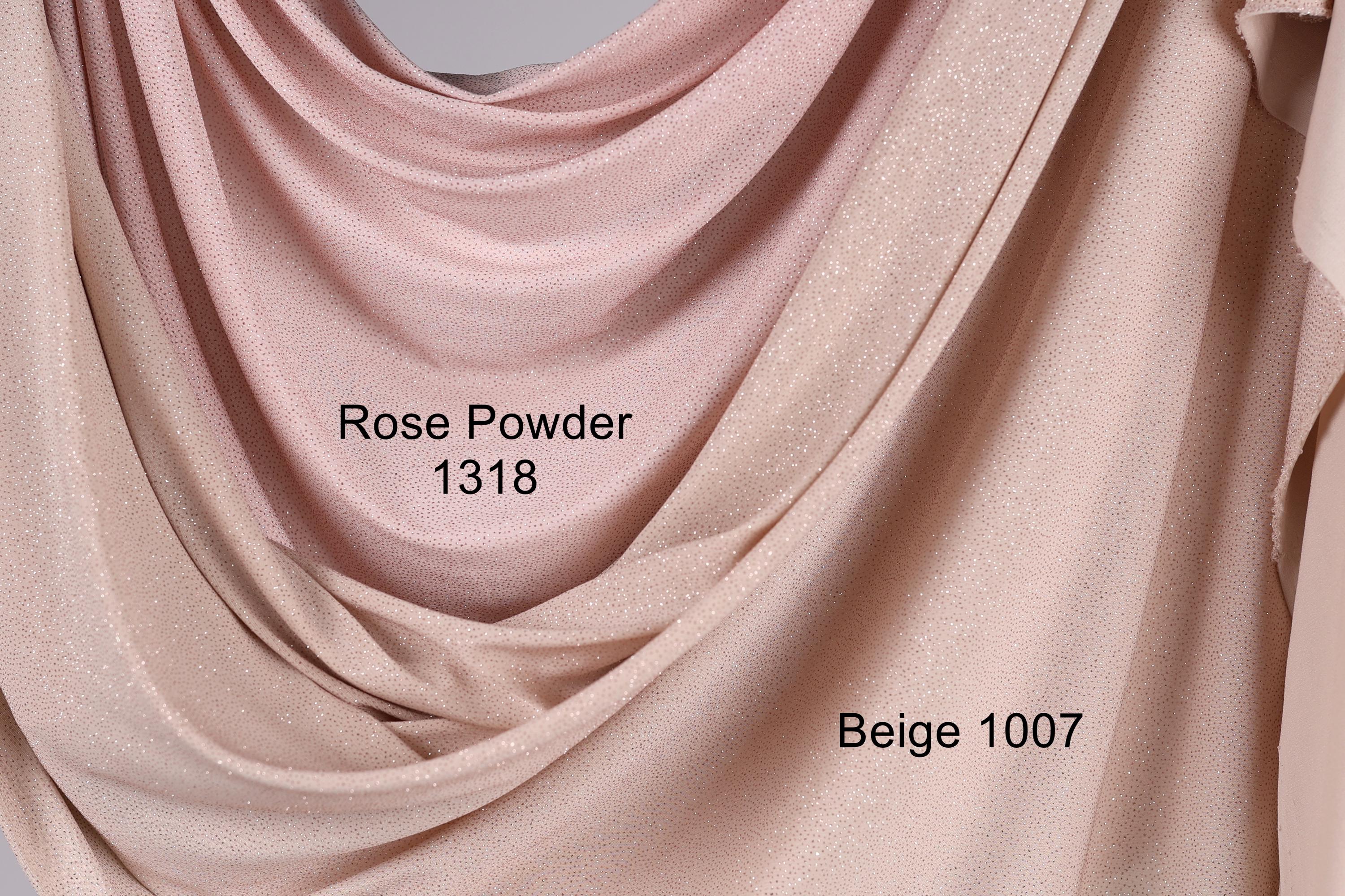 two fabric swatches, one with a rose powder color and the other with a beige color. The text labels the swatches as "Rose Powder 1318" and "Beige 1007".