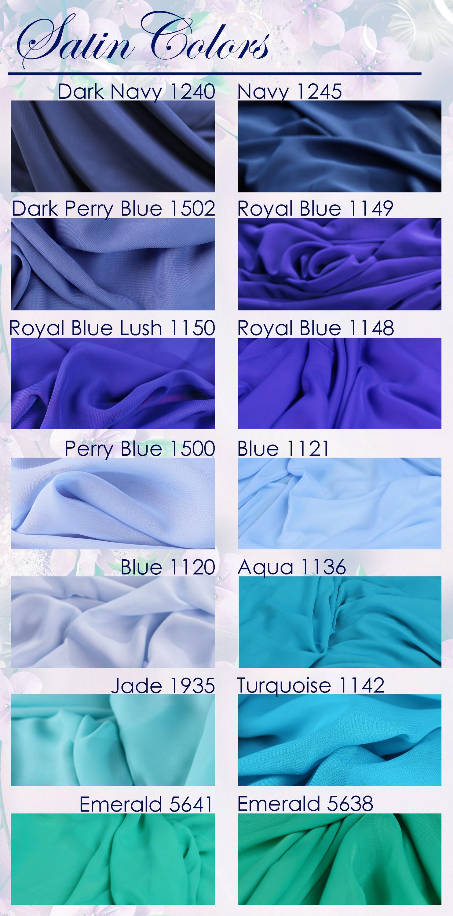 a collection of various satin fabric colors, including navy, royal blue, and turquoise, along with their corresponding numbers.