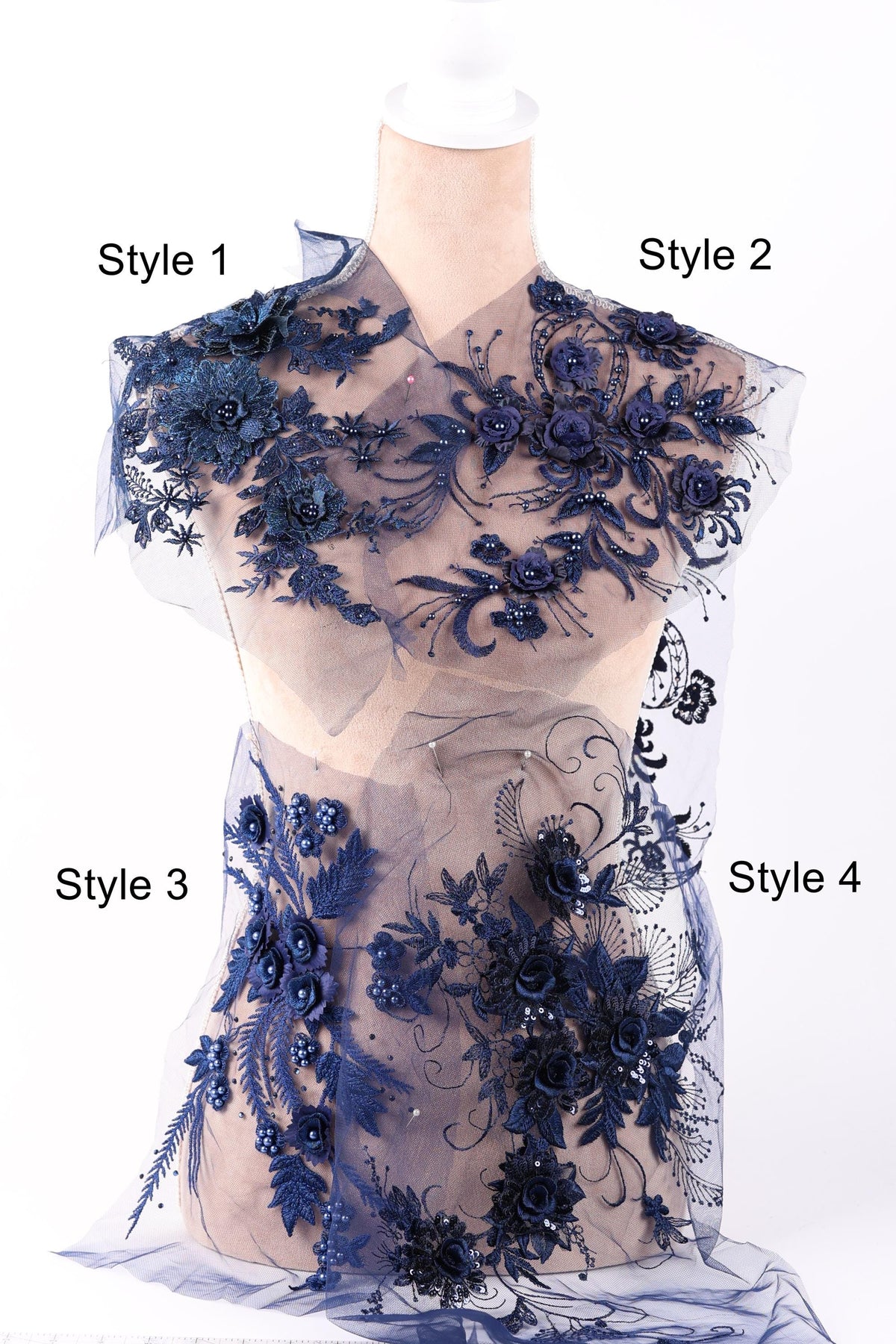 A mannequin wearing a dress with a floral pattern and a sheer overlay. The dress has four distinct styles: Style 1, Style 2, Style 3, and Style 4.