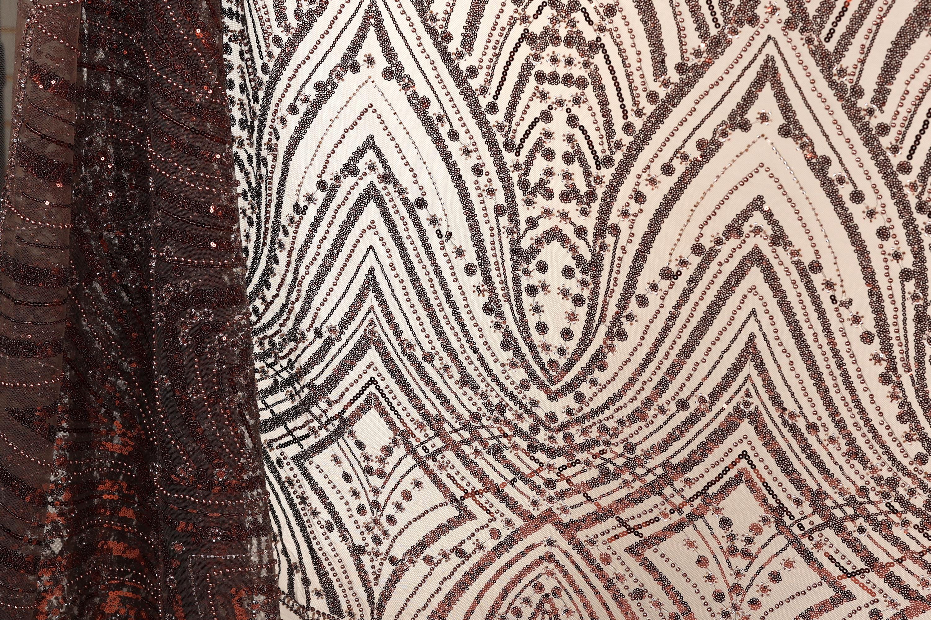 a close-up view of a fabric with a pattern of brown and white sequins and lines. The fabric appears to be a sheer material, with a textured and ornate design.