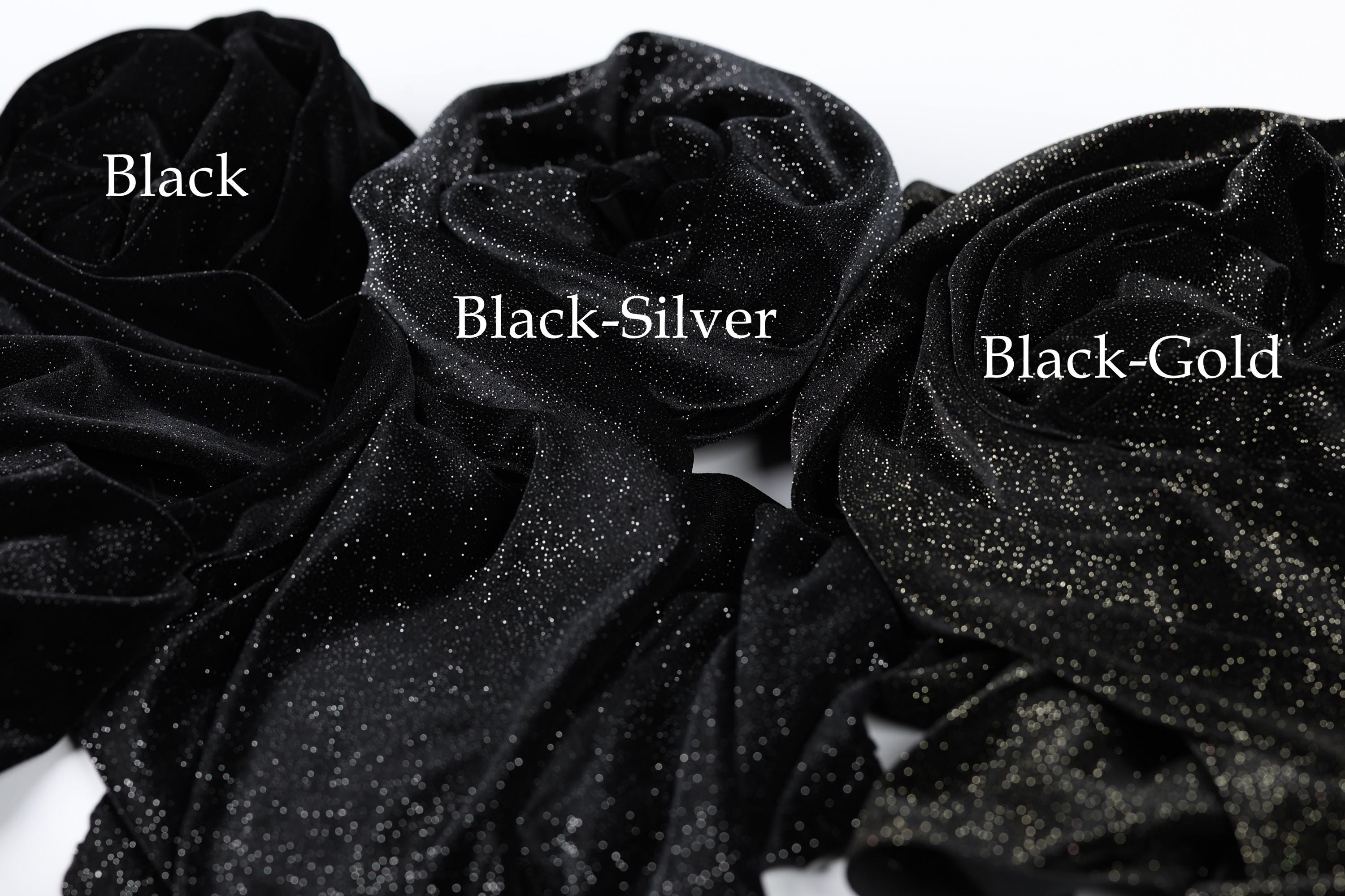 three black fabric swatches with glittery silver and gold accents, each labeled with the color name: Black, Black-Silver, and Black-Gold.