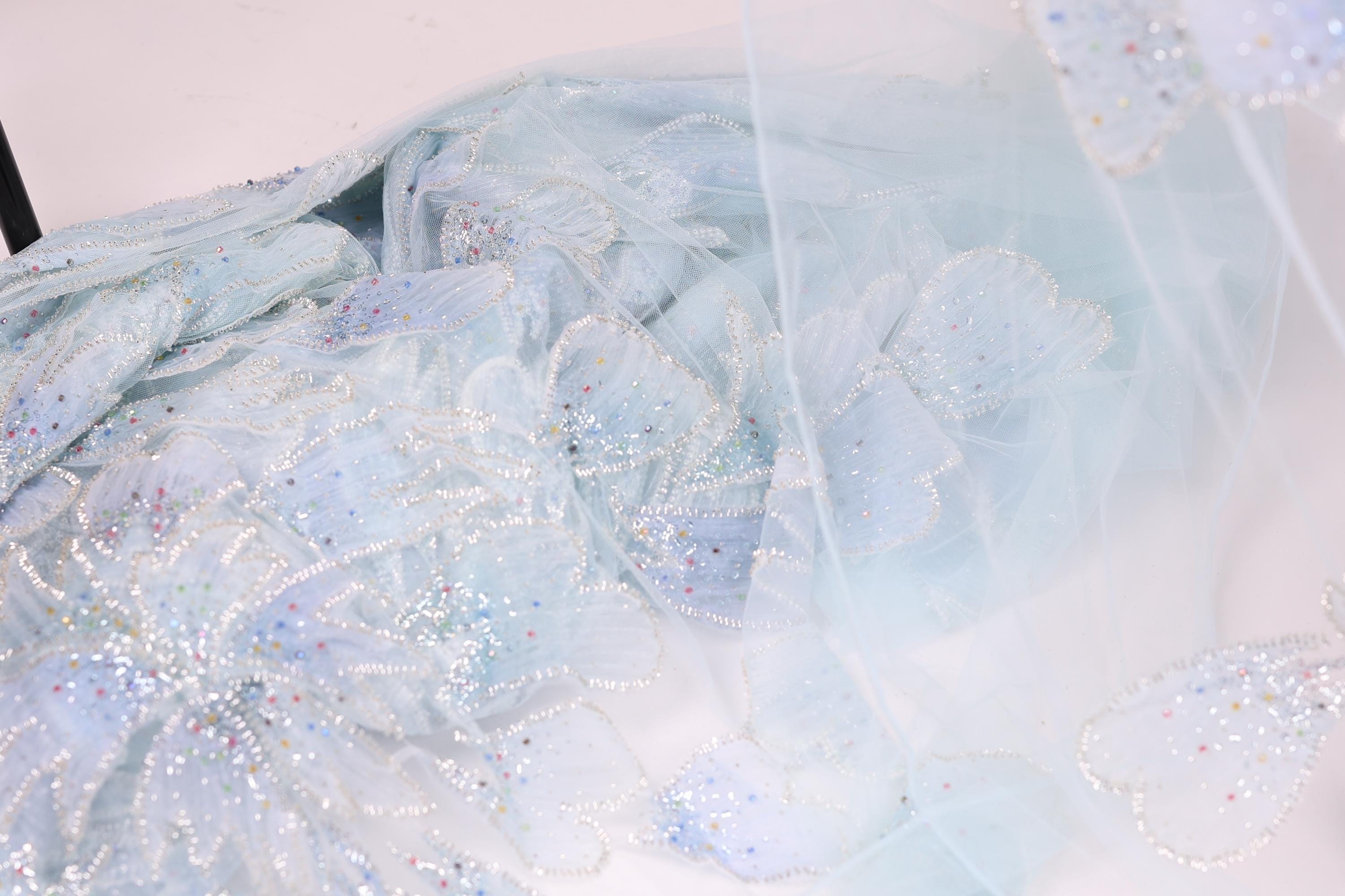 a close-up view of a delicate, light blue fabric with a floral pattern. The fabric appears to be made of sheer material, giving it a soft and airy appearance. The intricate design of the fabric, with its numerous small flowers or petals, creates a visually appealing and delicate texture.