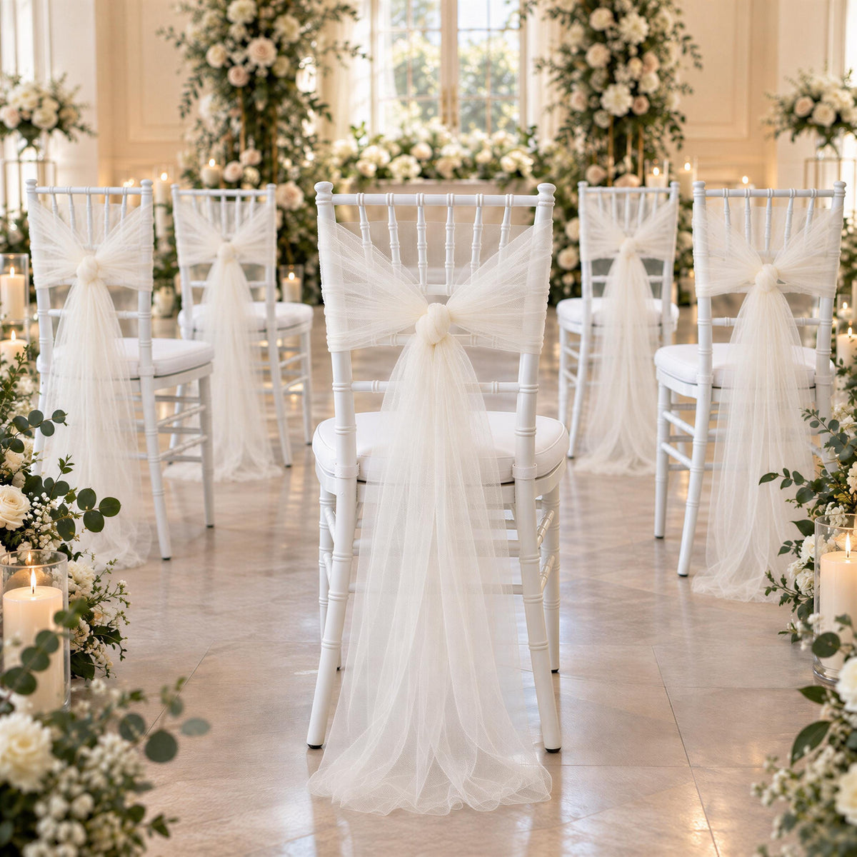 a beautifully decorated wedding ceremony with white chairs adorned with white fabric and bows, arranged in a row leading to a floral archway. The chairs are set against a backdrop of elegant floral arrangements and candles, creating a romantic and intimate atmosphere.